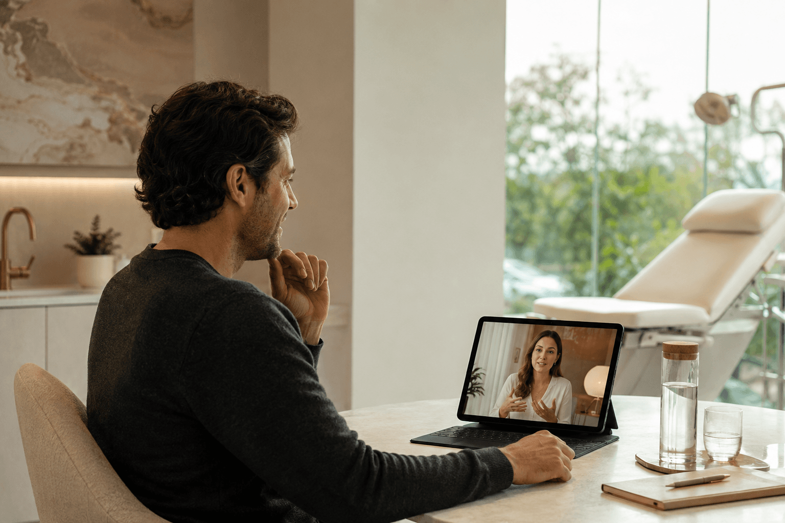 Client in a premium clinic speaking with a Peptides Pro advisor by video consultation